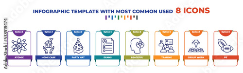 infographic template with outline icons. thin line icons such as atomic, home care, party hat, exams, peaceful, traning, group work, pe editable vector. can be used for web, mobile, info graph.