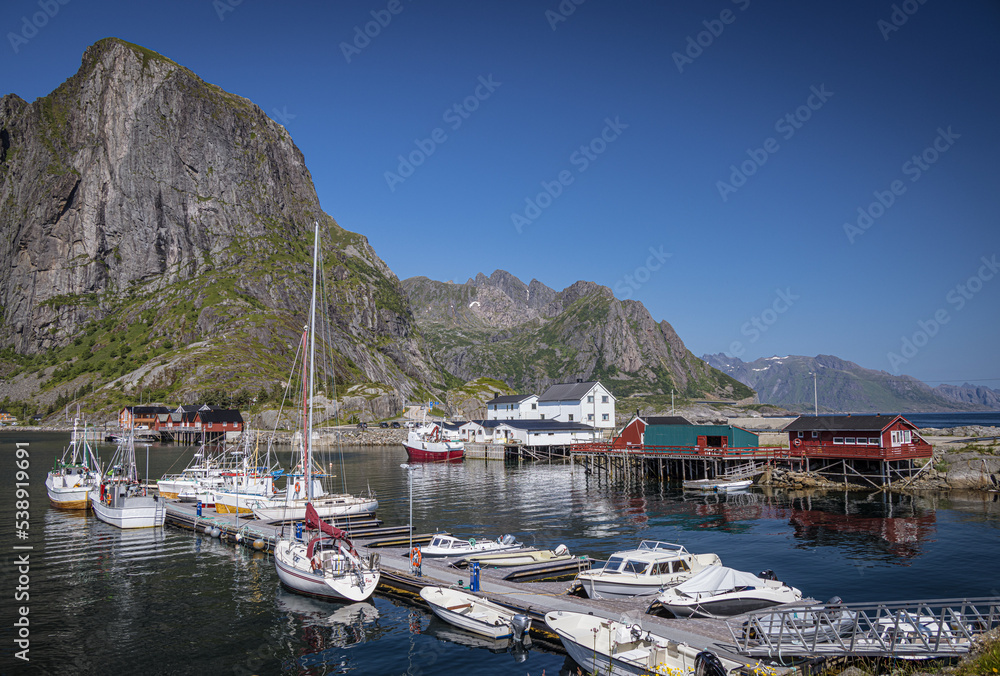 Boats in the harbour at Hamnoya, Moskenesøya, Lofoten Islands, Nordland, Norway