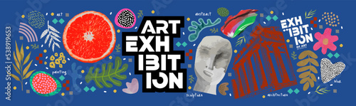 Objects for exhibitions of art, sculpture, nature and ecology. Vector illustrations of stains, abstraction, paint and grapefruit halves for background, flyer or card