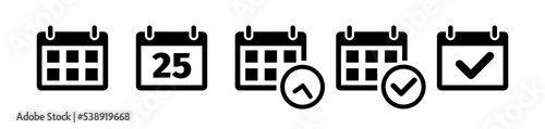 Calendar icon set in flat style isolated on white background. Date and check symbol in black for your web site design, app, UI. Simple calendar abstract icon. Vector illustration.