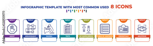 infographic template with outline icons. thin line icons such as abort, arrangement, nausea, tests, up down arrow, table of contents, credentials, recognize editable vector. can be used for web,