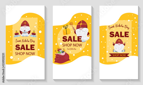 saint nicholas sale. Mikulas or Sinterklaas winter holiday. St. Nicholas character. Vertical sale banner