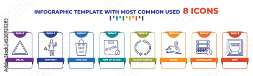 infographic template with outline icons. thin line icons such as delta, perform, take out, out of stock, round arrow, swan, scheduling, rj45 editable vector. can be used for web, mobile, info graph.