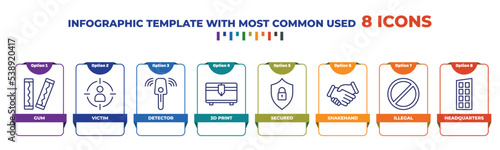 infographic template with outline icons. thin line icons such as gum, victim, detector, 3d print, secured, shakehand, illegal, headquarters editable vector. can be used for web, mobile, info graph.