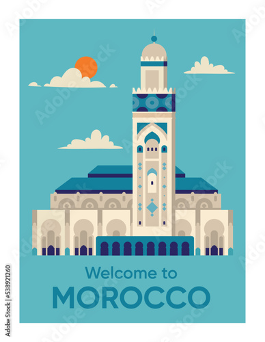 Morocco traditional poster. Minimalistic graphic element for website, culture and building, architecture. African region, Muslim. Welcome to Morocco concept. Cartoon flat vector illustration