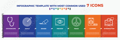 infographic template with outline icons. thin line icons such as stethoscope, goals, eraser, preview, peace, laundry, introduction editable vector. can be used for web, mobile, info graph.