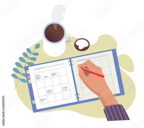 To do list concept. Character writes information in cell, forms his own schedule. Metaphor for time management and efficient workflow. Hardworking employee or student. Cartoon flat vector illustration