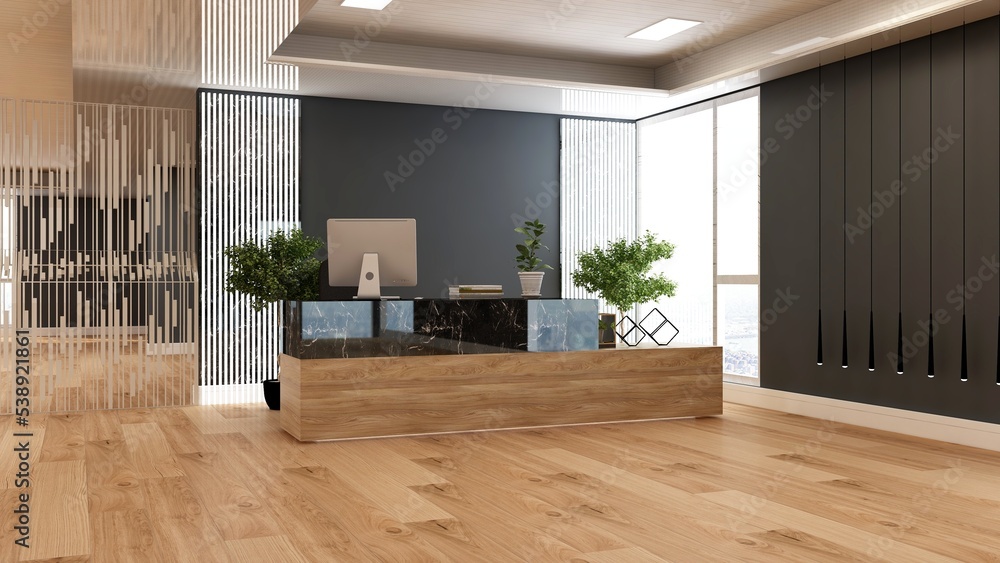 office front desk or receptionist room with wooden design interior