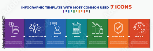 infographic template with outline icons. thin line icons such as stack, congratulation, consult, cashier, decrease, verification, replace editable vector. can be used for web, mobile, info graph.