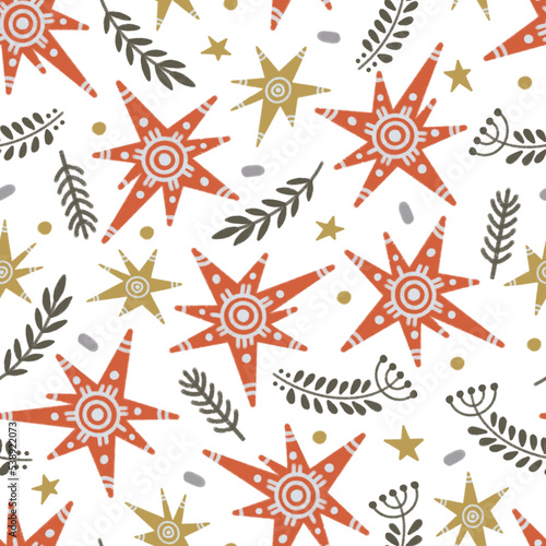 Red stars and rustic branches seamless pattern on pink background	 