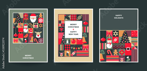 Collection of three trendy vector Christmas cards with patterns assembled from squares with Christmas symbols and geometric ornament.