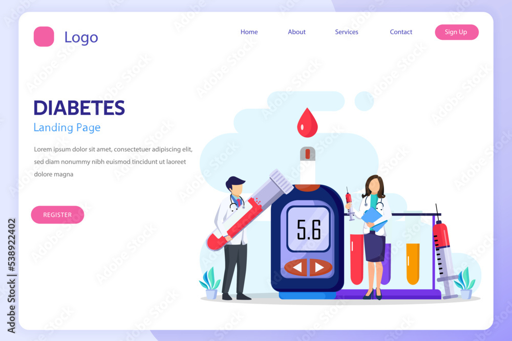 Medicine diabetes concept. The doctor tests the level of glucose in the blood, prescribes statins. Flat vector illustration Medicine diabetes concept. The doctor tests the level of glucose in the blood, prescribes statins. Flat vector illustration