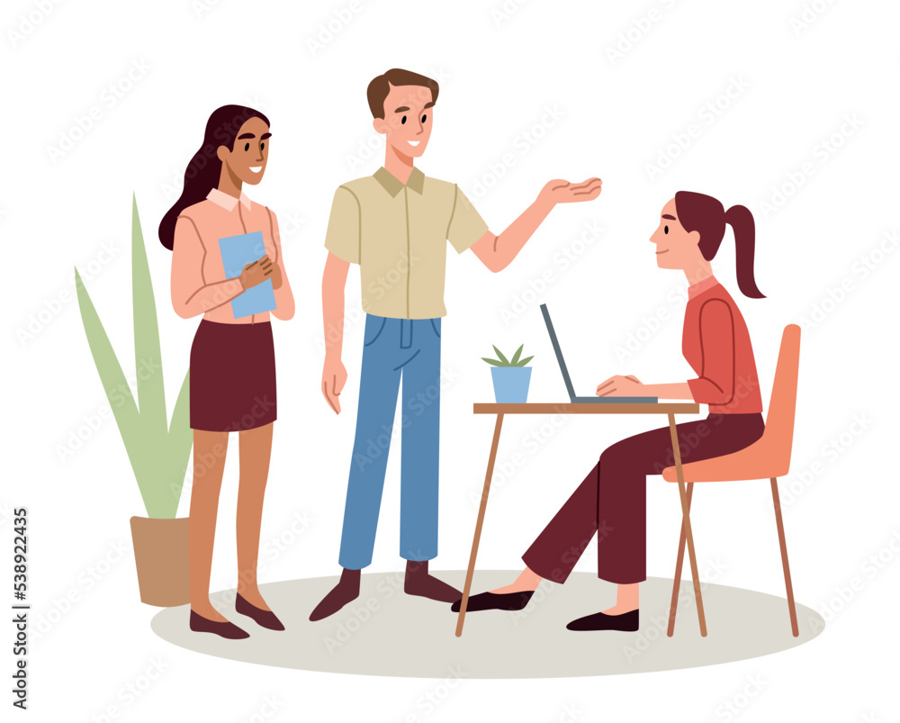 Office staff concept. Man and woman consulting with their boss or colleague. Sticker for social networks and instant messengers. Communication and interaction. Cartoon flat vector illustration Office staff concept. Man and woman consulting with their boss or colleague. Sticker for social networks and instant messengers. Communication and interaction. Cartoon flat vector illustration