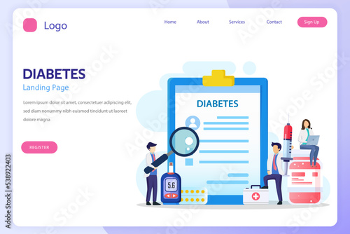 Medicine diabetes concept. The doctor tests the level of glucose in the blood, prescribes statins. Flat vector illustration