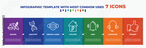 infographic template with outline icons. thin line icons such as baking, anatomy, medical mask, utilities, sino, earphone, thumbs editable vector. can be used for web, mobile, info graph.