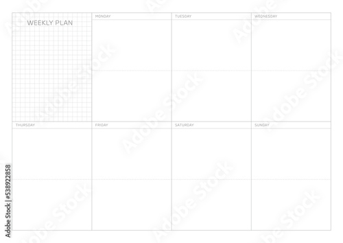 A weekly plan design template in a modern, simple, and minimalist style. Note, scheduler, diary, calendar, planner document template illustration.