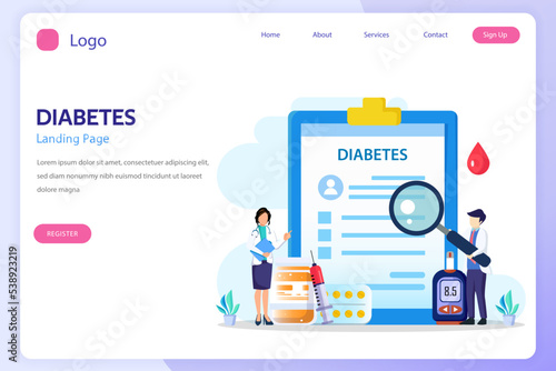 Medicine diabetes concept. The doctor tests the level of glucose in the blood, prescribes statins. Flat vector illustration