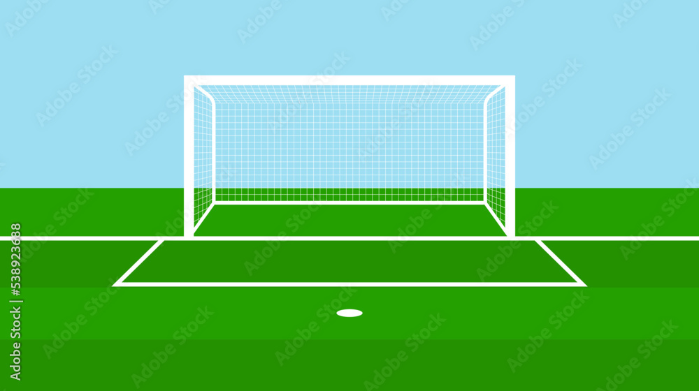 Fototapeta premium Soccer gate. Football field with goal. Stadium with goalpost and net. Pitch with green grass, white lines and penalty. Flat arena for game and sport. Vector