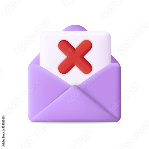 Envelope with cross. 3d icon for unsubscribe. Open paper letter with sign x for phishing and cancel. Design of email for business, internet and website. Isolated vector illustration