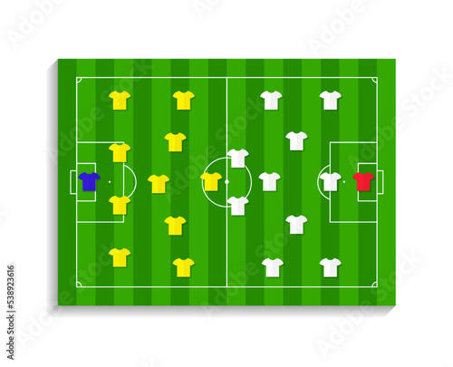 Soccer plan formation of team. Football game strategy on field. Board with infographic, players and lineup. Tactic of match on tournament. Vector