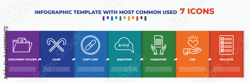 infographic template with outline icons. thin line icons such as document folder, cane, copy link, equation, handover, csr, bulletin editable vector. can be used for web, mobile, info graph.