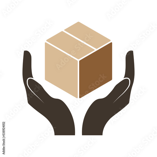 Isolated vector illustration icon of handle with care, brown cardboard package box held by open hands 