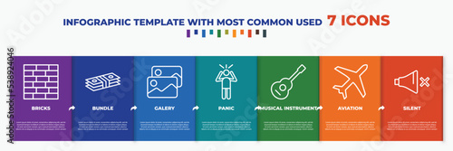 infographic template with outline icons. thin line icons such as bricks, bundle, galery, panic, musical instrument, aviation, silent editable vector. can be used for web, mobile, info graph.