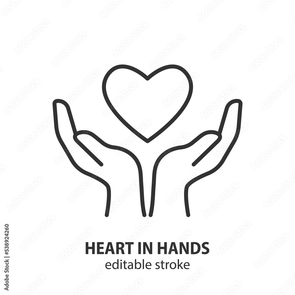 Heart in hands line icon. Heart health care vector symbol. Love and insurance sign. Editable stroke. Heart in hands line icon. Heart health care vector symbol. Love and insurance sign. Editable stroke.