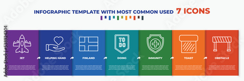 infographic template with outline icons. thin line icons such as jet, helping hand, finland, doing, immunity, toast, obstacle editable vector. can be used for web, mobile, info graph.