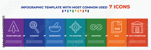 infographic template with outline icons. thin line icons such as paper airplane, evidence, ingredients, my location, unlimited, xlsx, data warehouse editable vector. can be used for web, mobile,