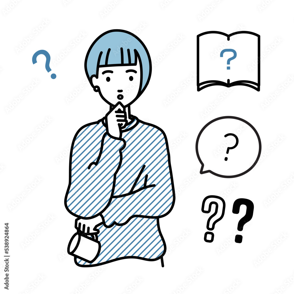 立って手をあごにあてて疑問を感じているリモートワークの女性 クエスチョンマークのセット