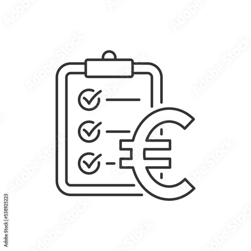 Euro currency sign and clipboard. Money checklist, financial report icon concept isolated on white background. Vector illustration