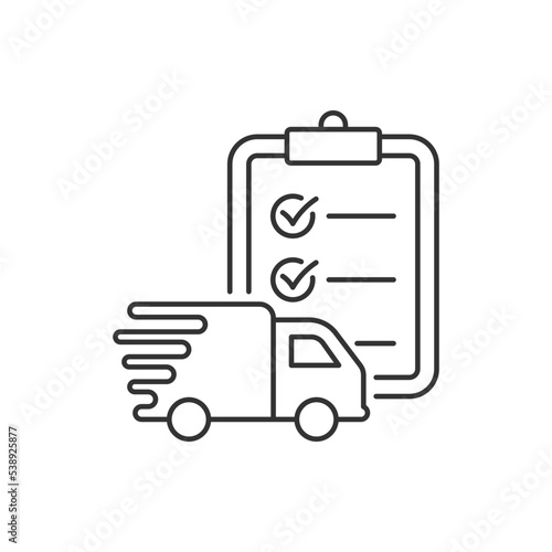 Delivery truck and clipboard. Shipping form checklist icon concept isolated on white background. Vector illustration