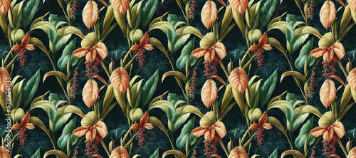 Fototapeta Naklejka Na Ścianę i Meble -  Seamless jungle floral background Jungle flowers and leaves. Seamless repeat pattern for fabrics, wallpapers, wrappers, postcards, greeting cards, wedding invitations, banners, web. 3d illustration