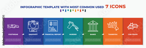 infographic template with outline icons. thin line icons such as footwear, snapshot, financial report, murder, banks, thankyou, car crash editable vector. can be used for web, mobile, info graph.