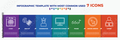 infographic template with outline icons. thin line icons such as x-ray, biscuit, moderator, computer screen, phase, mouse arrow, loans editable vector. can be used for web, mobile, info graph.
