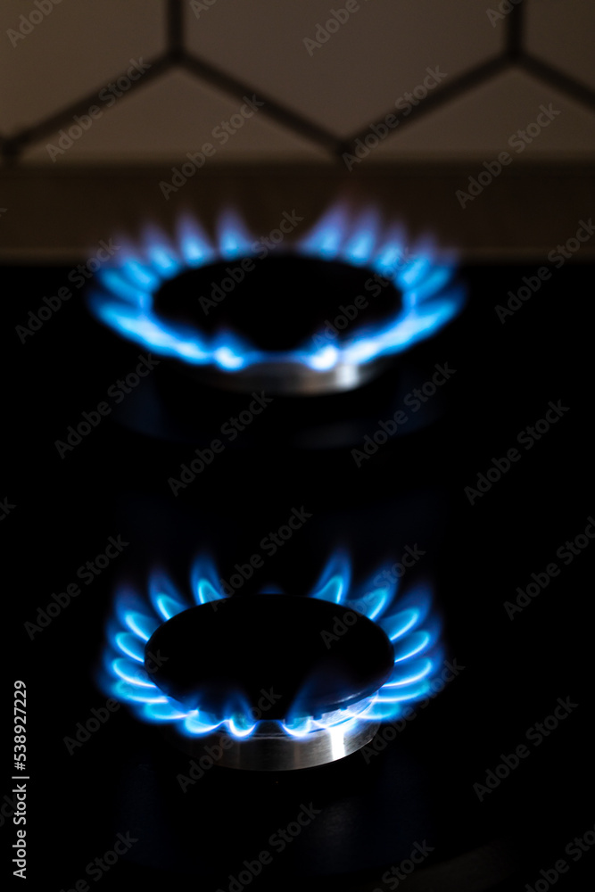 Closeup shot of blue fire from domestic kitchen stove top. Burning gas, gas stove burner. Gas cooker with burning flames of propane gas. Industrial resources and economy concept. Closeup shot of blue fire from domestic kitchen stove top. Burning gas, gas stove burner. Gas cooker with burning flames of propane gas. Industrial resources and economy concept.