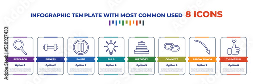 infographic template with outline icons. thin line icons such as research, fitness, pause, bulb, birthday, connect, arrow down, thumbs up editable vector. can be used for web, mobile, info graph.