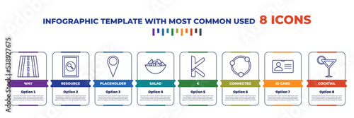 infographic template with outline icons. thin line icons such as way, resource, placeholder, salad, k, connected, id card, cocktail editable vector. can be used for web, mobile, info graph.