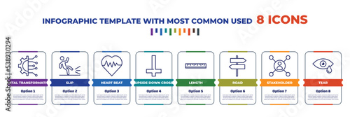 infographic template with outline icons. thin line icons such as digital transformation, slip, heart beat, upside down cross, length, road, stakeholder, tear editable vector. can be used for web,
