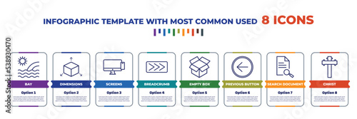 infographic template with outline icons. thin line icons such as bay, dimensions, screens, breadcrumb, empty box, previous button, search document, christ editable vector. can be used for web,