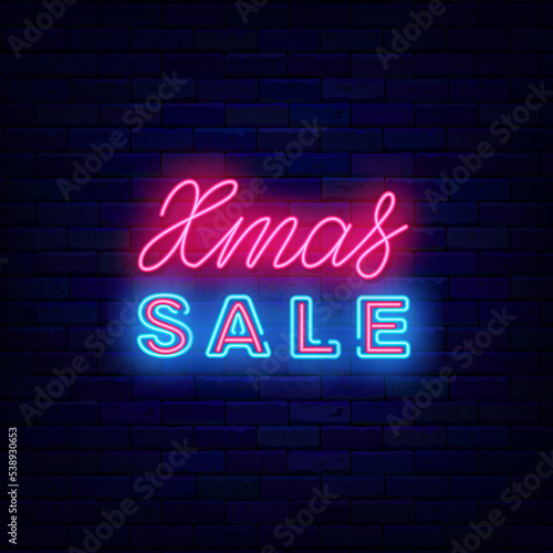 Xmas sale neon signboard on brick wall. Merry Christmas special offer. Light lettering advertising. Vector illustration