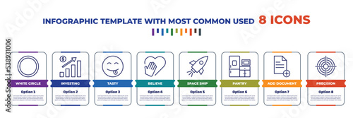 infographic template with outline icons. thin line icons such as white circle, investing, tasty, believe, space ship, pantry, add document, precision editable vector. can be used for web, mobile,