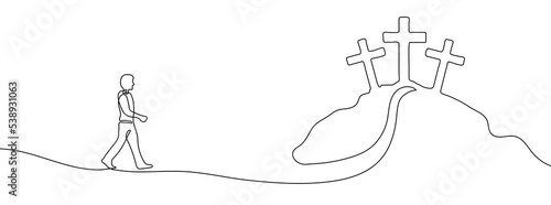 Continuous linear drawing of calvary. Religious background with calvary hill of the cross and a walking person. Vector illustration.