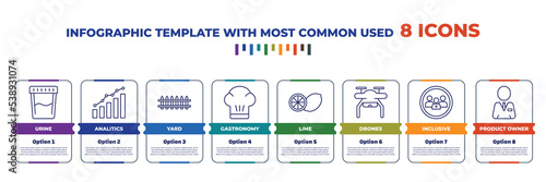 infographic template with outline icons. thin line icons such as urine, analitics, yard, gastronomy, lime, drones, inclusive, product owner editable vector. can be used for web, mobile, info graph.