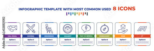 infographic template with outline icons. thin line icons such as call email, swords, ergonomic, vacancy, text to speech, embroidery, own, f1 editable vector. can be used for web, mobile, info graph.