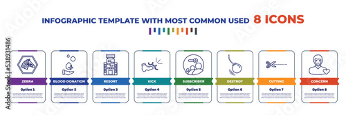 infographic template with outline icons. thin line icons such as zebra, blood donation, resort, kick, subscriber, destroy, cutting, concern editable vector. can be used for web, mobile, info graph.
