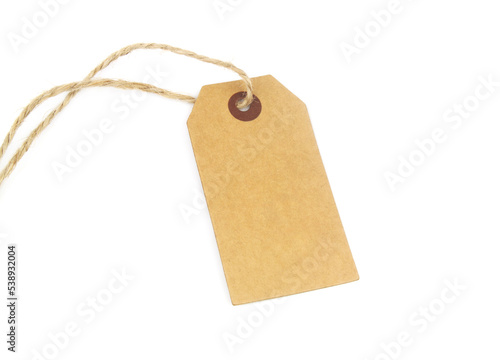 Cardboard tag or label with string isolated on white background