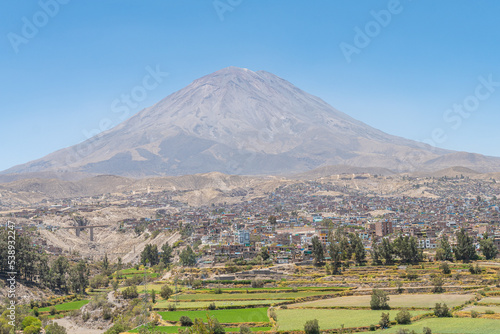 panoramic view of arequipa city with misti volcano at background, peru