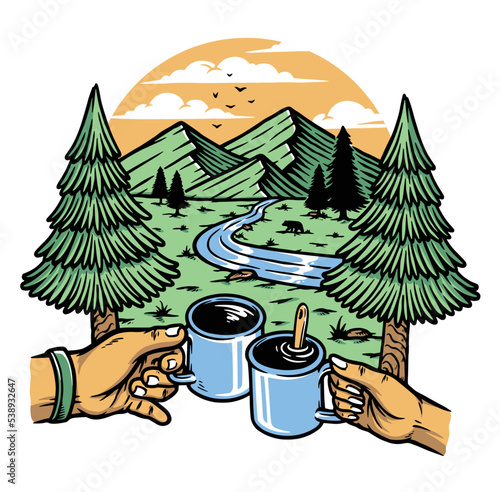 enjoying coffee in the mountains illustration